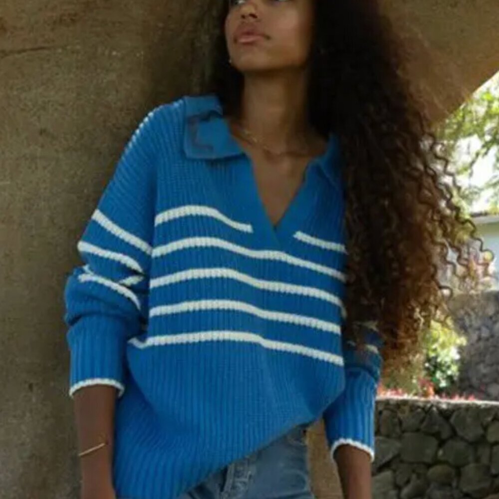 Saylor Kimberly Sweater Collared Pullover Knit Top Striped Cotton Blue Large